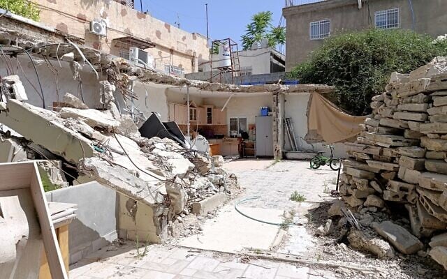 Fakhri Abu Diab’s demolished home in the al-Bustan neighborhood of East Jerusalem, May 20, 2026 (Zev Stub/Times of Israel)