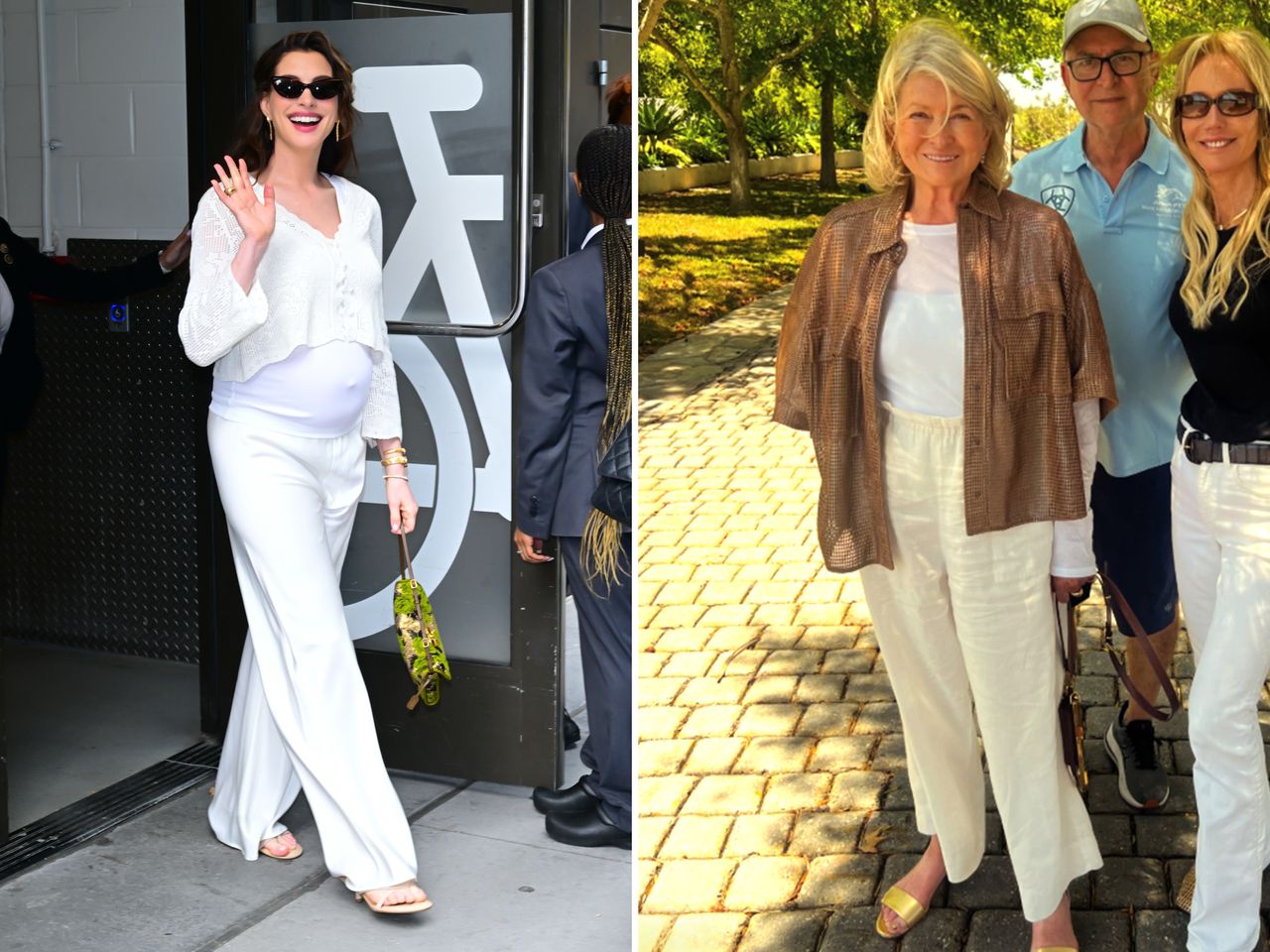 Martha Stewart and Anne Hathaway in separate settings walking and posing outdoors