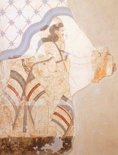 GREECE - CIRCA 2002: Female figure, Akrotiri fresco, Thera (today Santorini) (Greece). Minoan Civilization, 16th Century BC. Athens, Ethnikó Arheologikó Moussío (National Archaeological Museum) (Photo by DeAgostini/Getty Images)