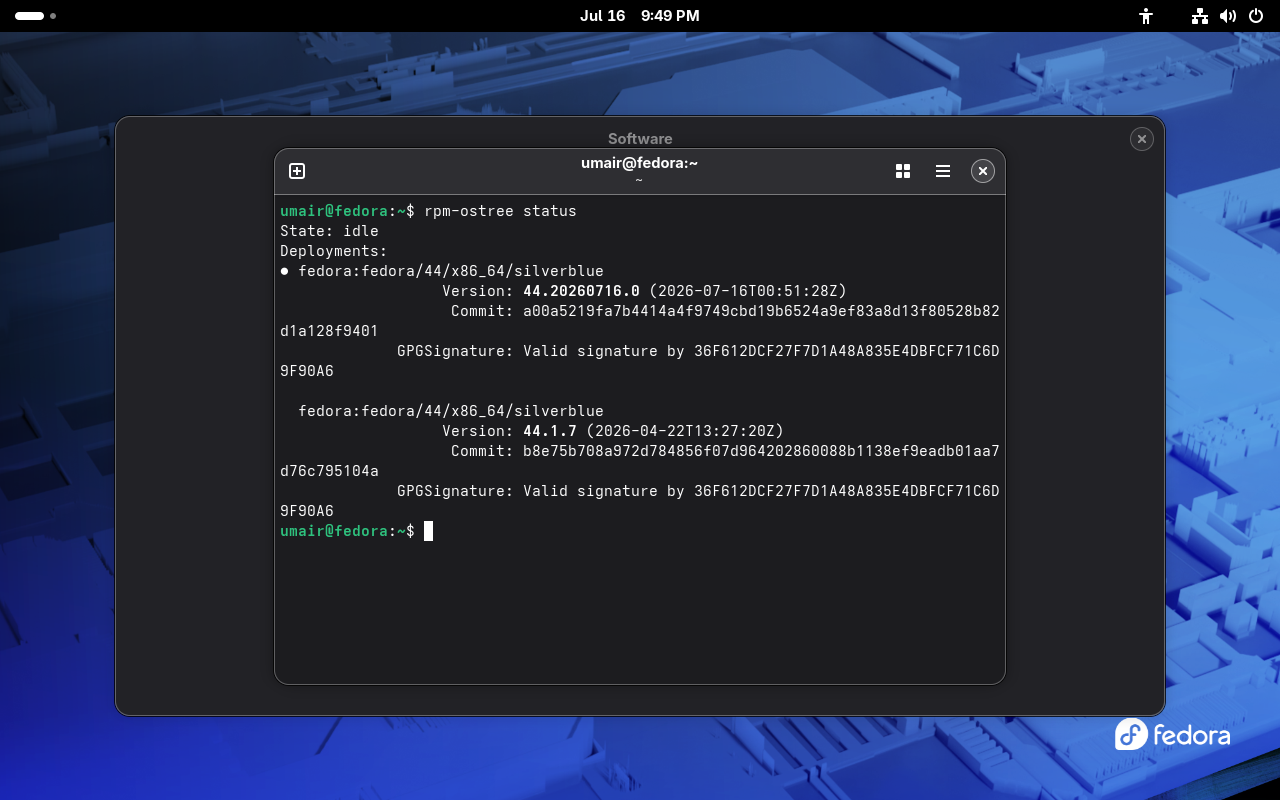 screenshot of rpm-ostree status