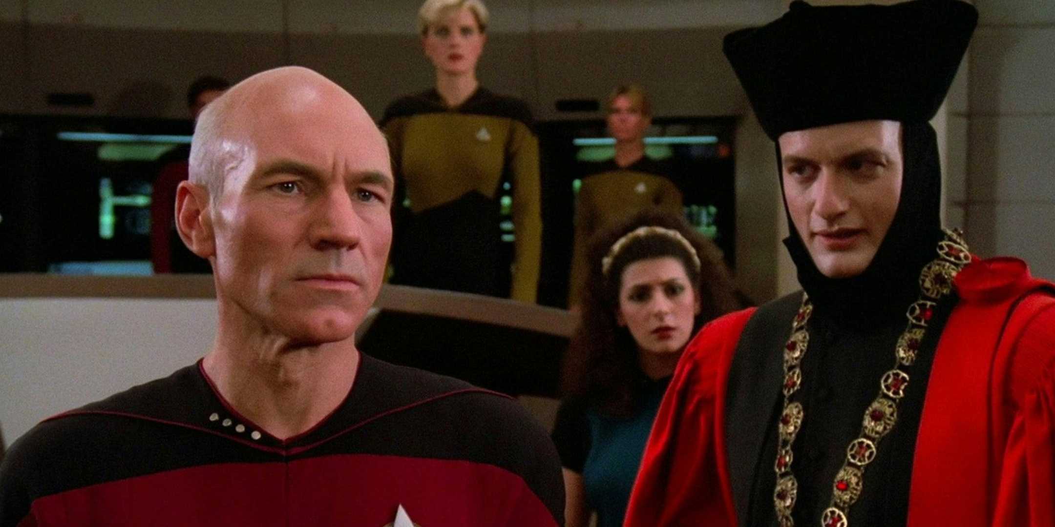 Q interrogating Picard in the Star Trek episode Encounter at Farpoint