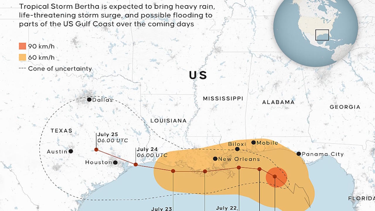 Tropical storm Bertha approaching Louisiana coast