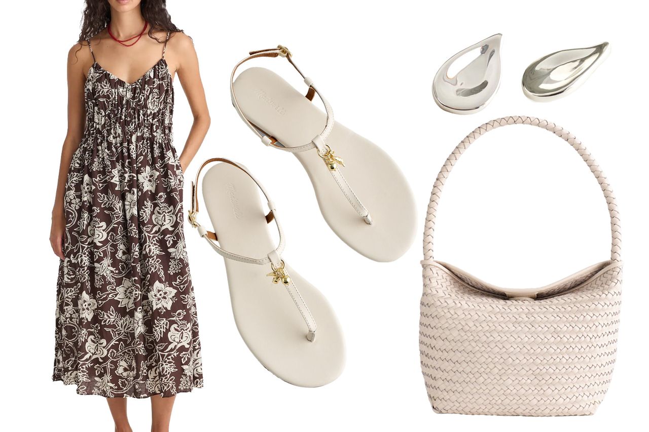 A summer outfit featuring a floral dress a pair of sandals a woven handbag and teardropshaped earrings