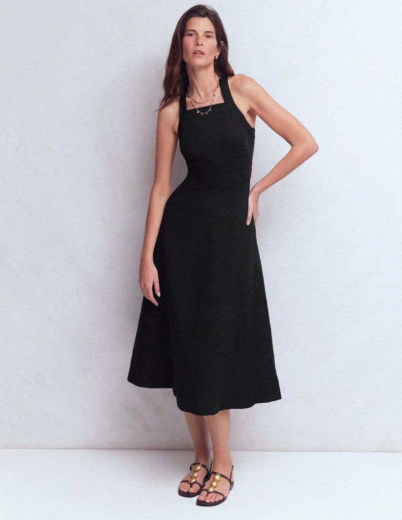Cross-back Linen Blend Dress in Black