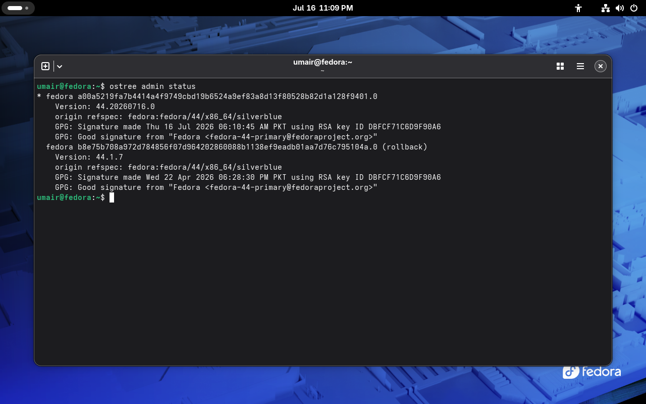 Screenshot of Fedora silverblue rpm-ostree admin status