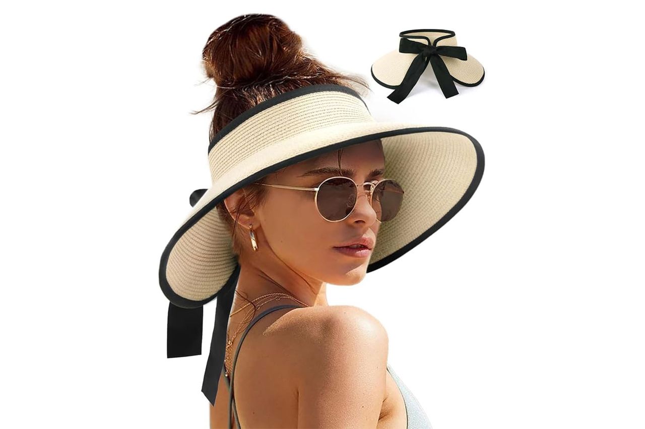 Camptrace Sun Visors for Women Wide Brim Beach Hat Foldable Straw Visor Hat Ponytail Summer Packable UPF
