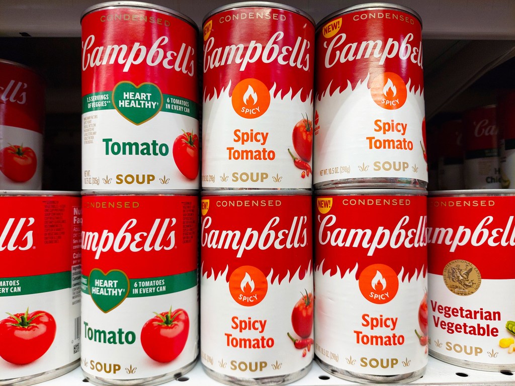 Los Angeles, California â March 1, 2025: Campbellâs Soup Cans on sale in a supermarket shelf