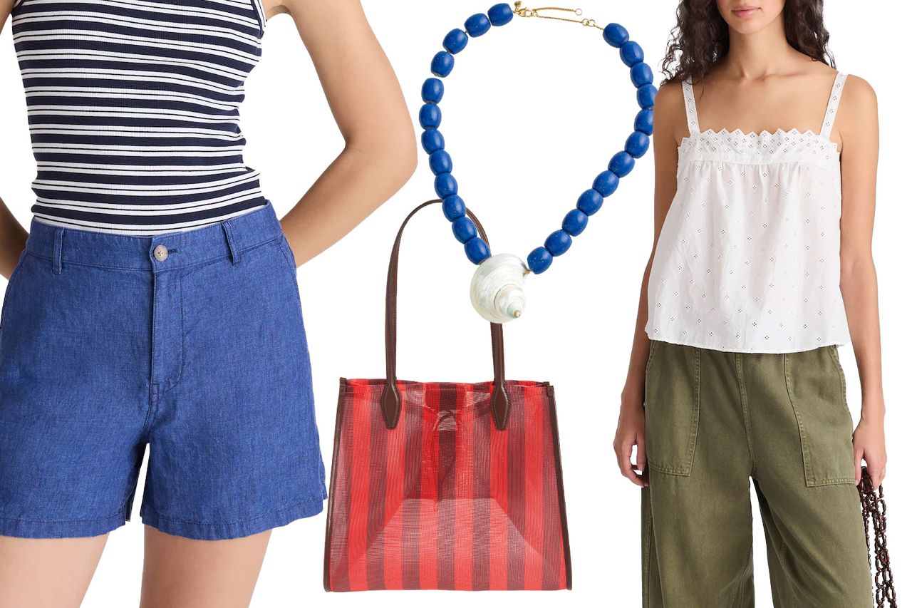 A striped tank top with blue shorts a beaded necklace a striped bag and an outfit featuring a white top and olive pants