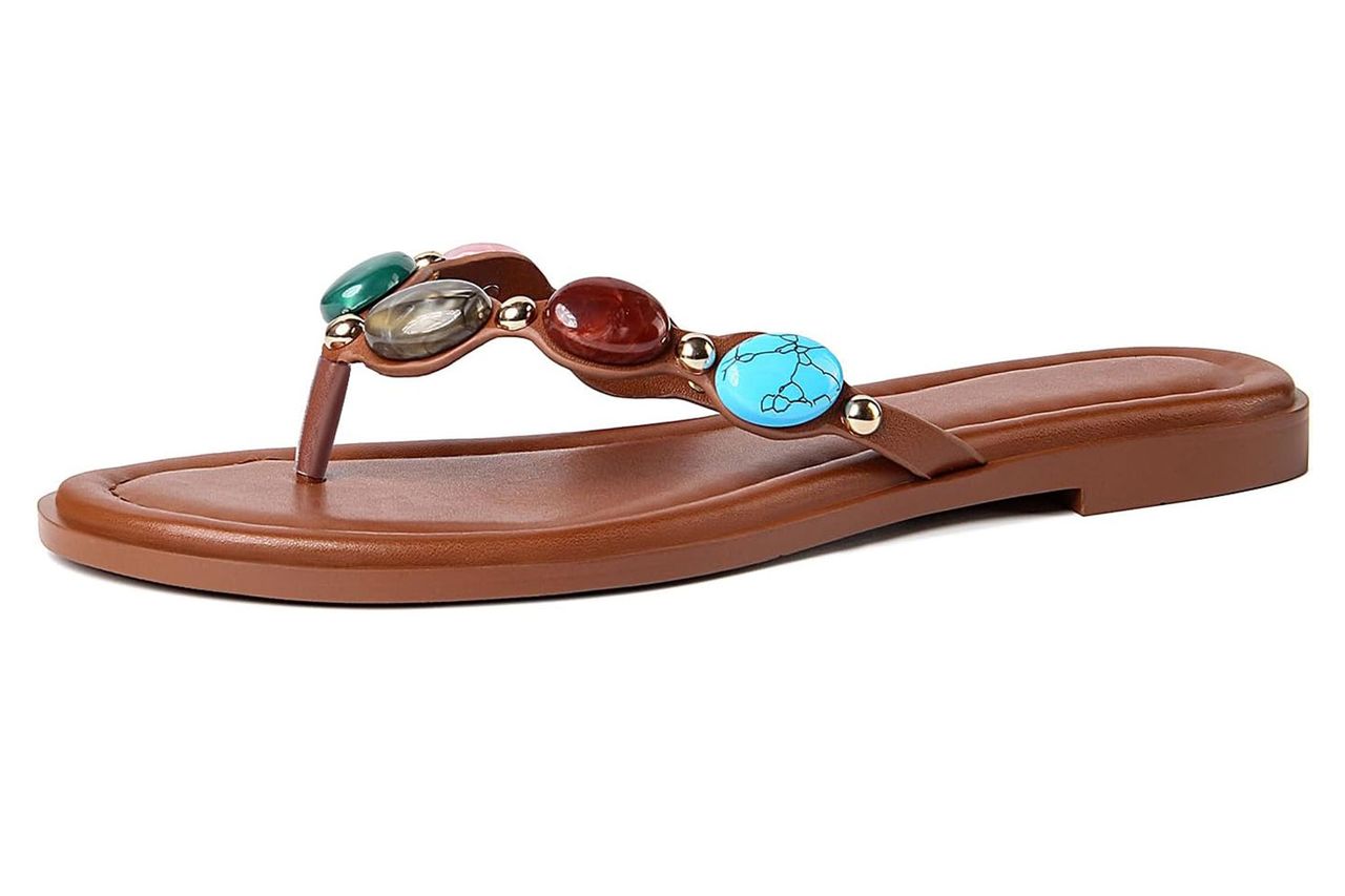 DREAMSTORY Womens Beaded Flip Flops Beach Jeweled Thong Sandals | Open Round Toe, Slip on