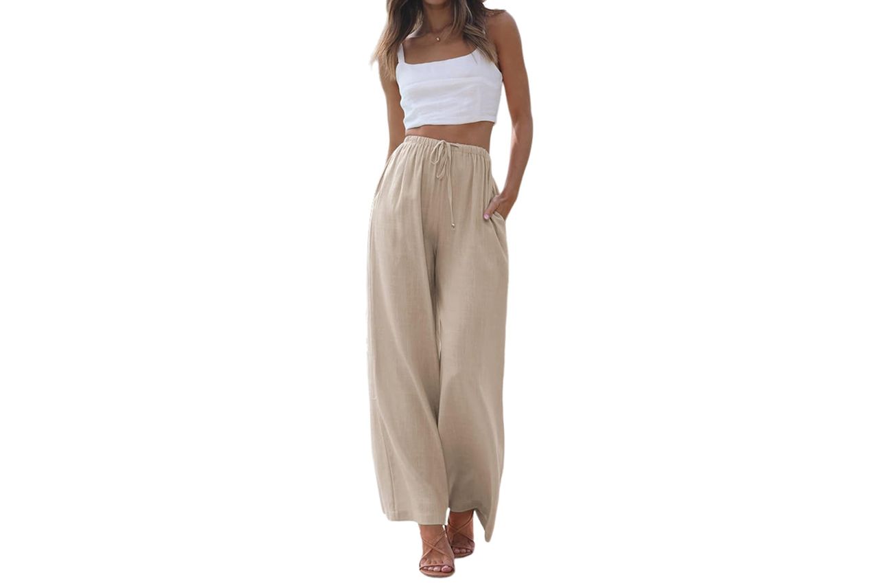 Faleave Womens Cotton Linen Summer Palazzo Pants Flowy Wide Leg Beach Trousers