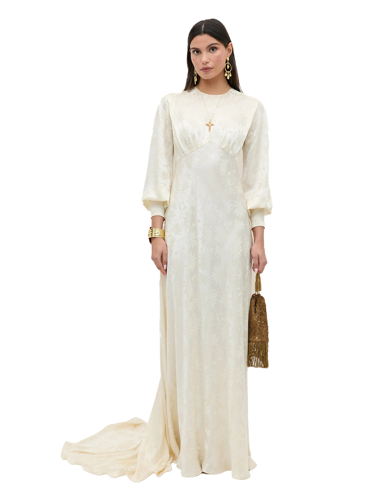 Clementine Silk Jacquard Gown in Ivory Daisy Jacquard Champagne