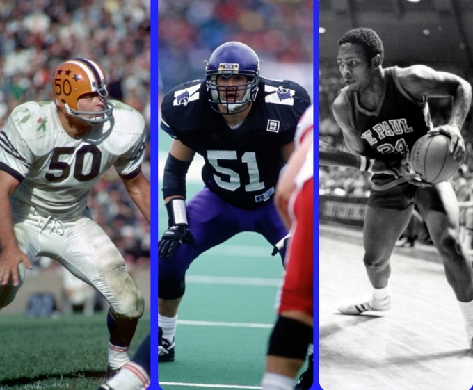 Left to right: Dick Butkus (Illinois), Pat Fitzgerald (Northwestern) and Mark Aguirre (DePaul)