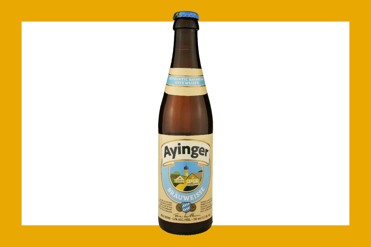 A bottle of Ayinger Hefeweizen beer against a white background with a yellow border
