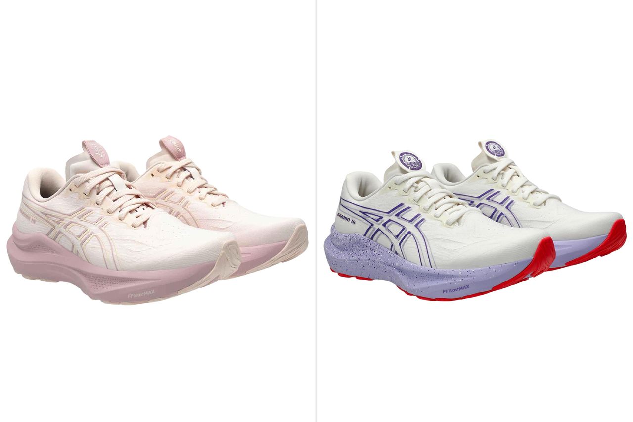 Two styles of Asics sneakers next to each other one with subtle tone and the other featuring a colorful sole design
