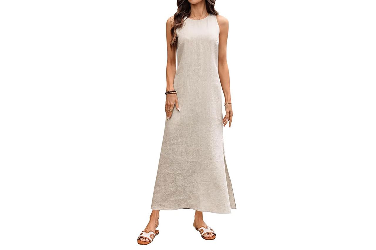 vinglam Store Women's 100% Linen Maxi Dress Sleeveless Crewneck 2026 Summer Trendy Split Dresses