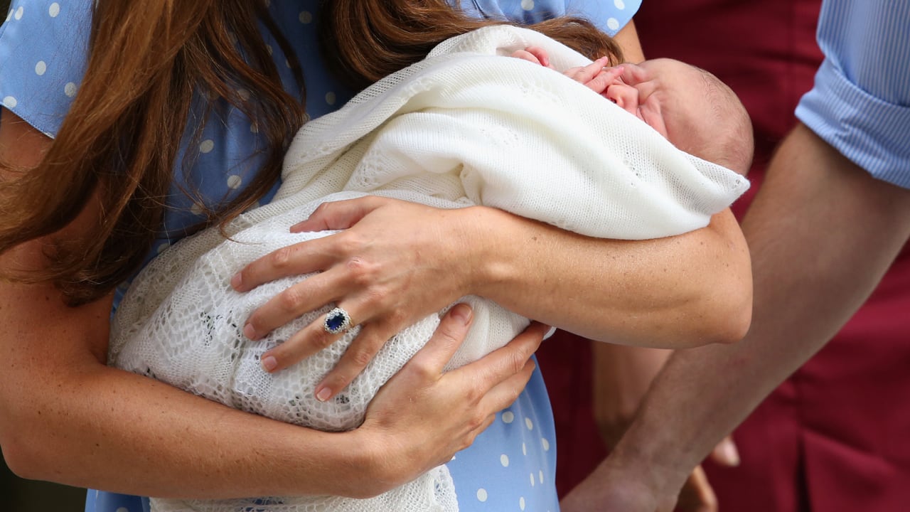2013: Prince William, Duke of Cambridge and Catherine, Duchess of Cambridge, depart The Lindo Wing with their newborn son at St Mary's Hospital on July 23, 2013, in London, England.