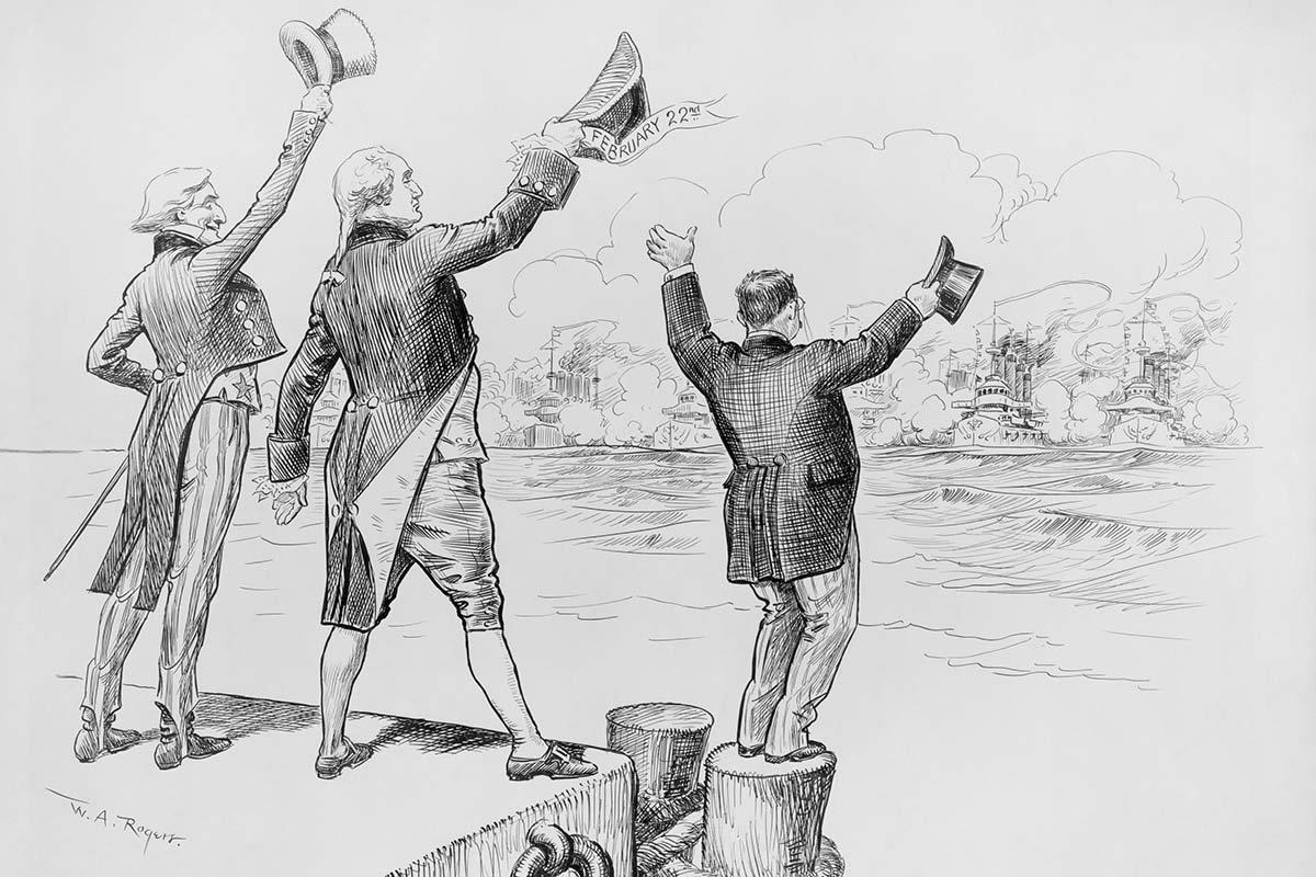 A cartoon depicts (from left) Uncle Sam, George Washington, and Theodore Roosevelt welcoming the Great White Fleet home on February 22, 1909. (Library of Congress)