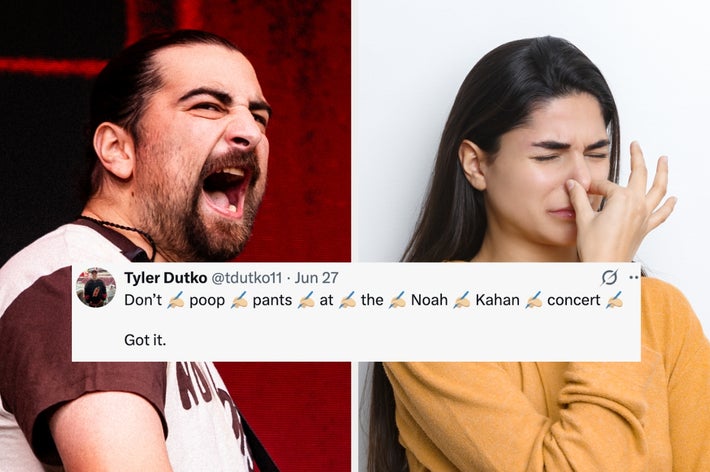 Split image: Left, man singing passionately. Right, woman pinching nose. Overlay tweet about avoiding bowel issues at a Noah Kahan concert