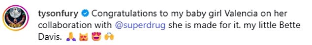 Tyson proudly wrote: 'Congratulations to my baby girl Valencia on her collaboration with @superdrug she is made for it. my little Bette Davis'