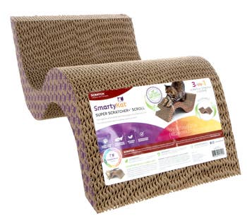 Cat scratcher with a wavy design, featuring packaging showing a cat using it. Includes product features and dimensions