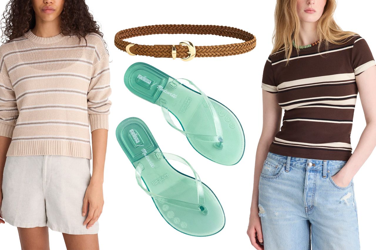 Various clothing items including two sweaters a belt and a pair of sandals styled as outfit options