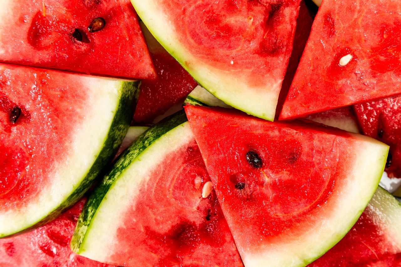 Sliced watermelon pieces arranged closely together