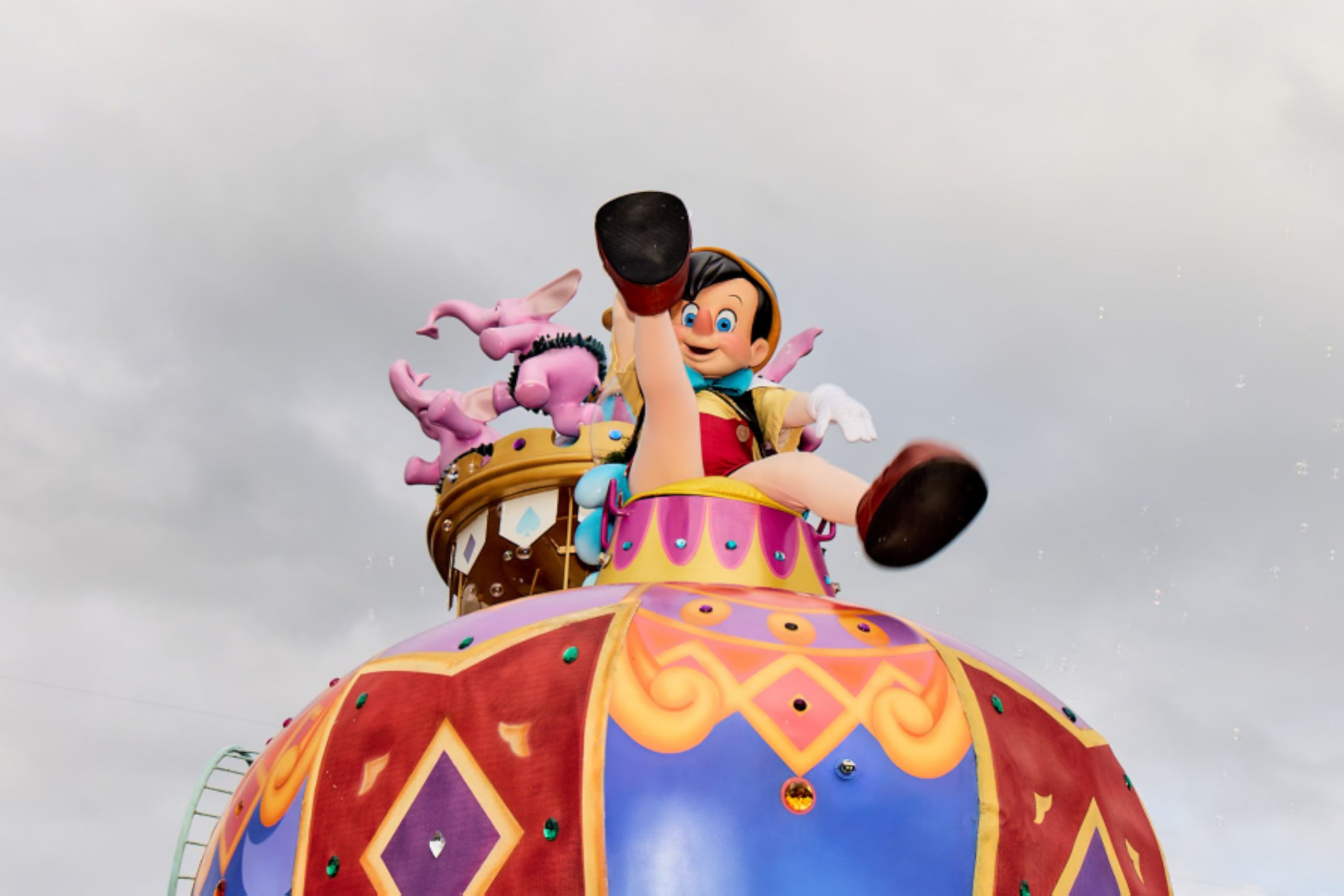 A Pinocchio float at Magic Kingdom after “rope drop”—a term from the early years of the park that refers to employees literally dropping a dividing rope to open for the day.