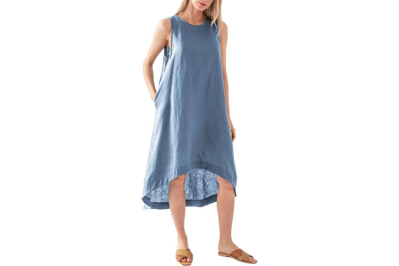 Amazhiyu Womenâs 100% Linen High Low Midi Dress with Pockets for Summer Casual Flowy Dresses
