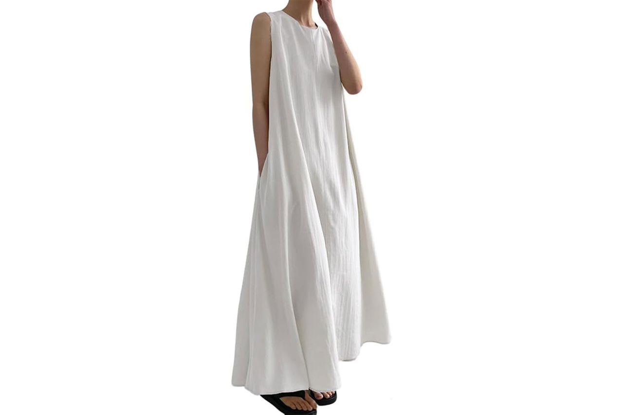 CHARTOU Women Casual Cotton Linen Sleeveless Maxi Dress Ruffle Shift Dress