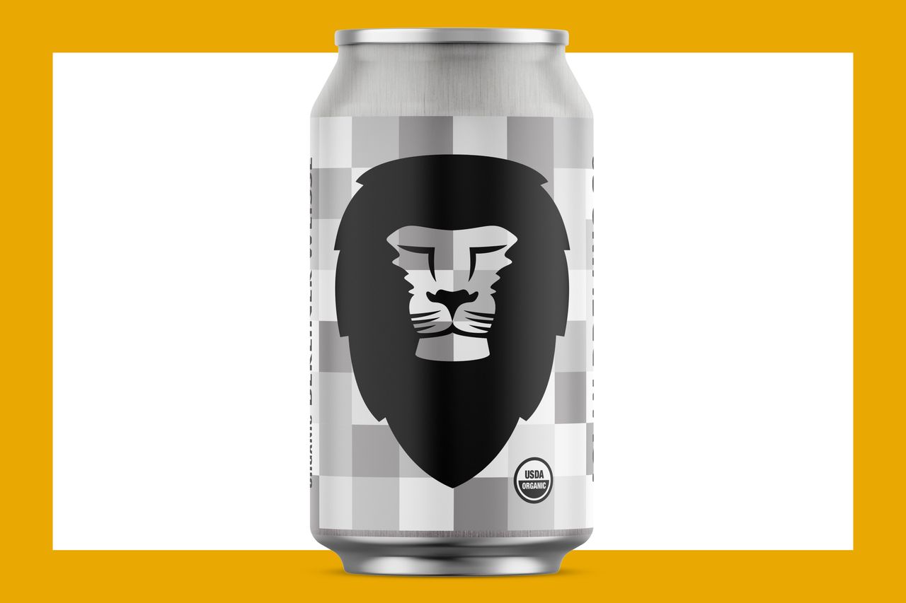 A can of beer featuring a logo with a lion face