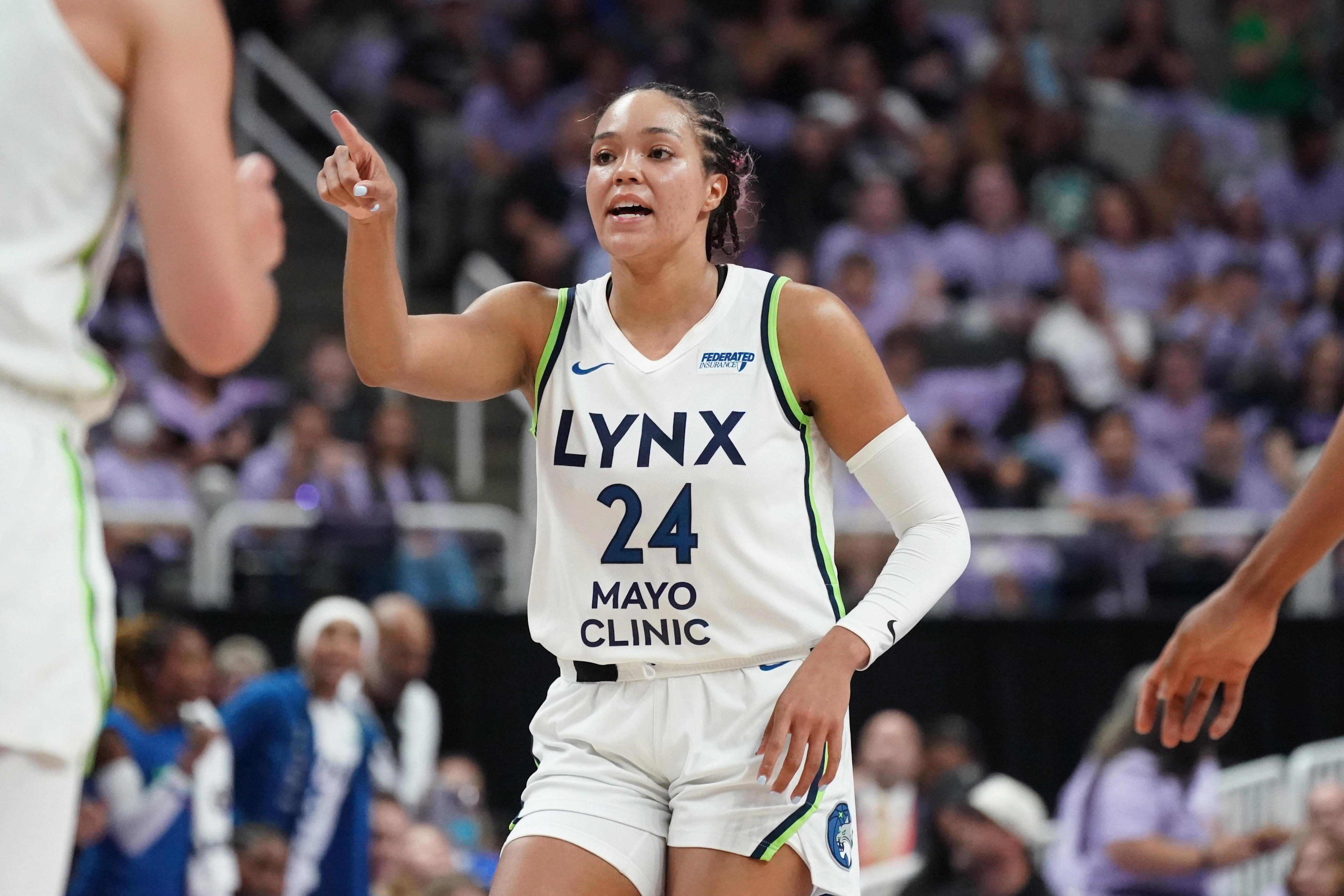Sep 17, 2025; San Jose, California, USA; Minnesota Lynx forward Napheesa Collier (24) celebrates after a basket against the Golden State Valkryies in the third quarter in game two of round one for the 2025 WNBA Playoffs at SAP Center. Mandatory Credit: David Gonzales-Imagn Images