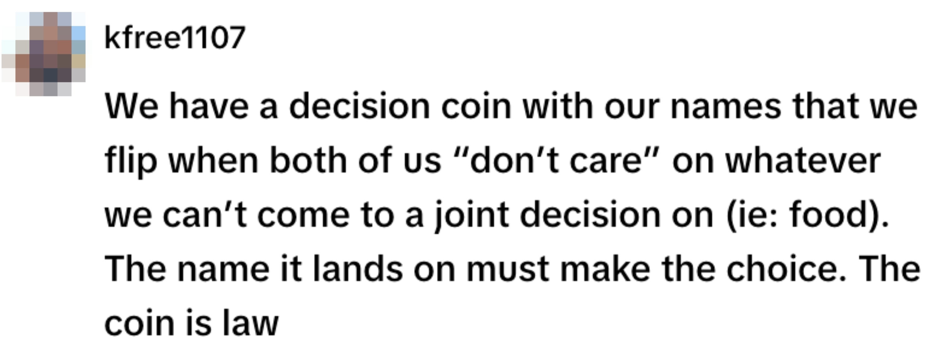 Text describing using a decision coin to choose between options when both don't care, using food as an example