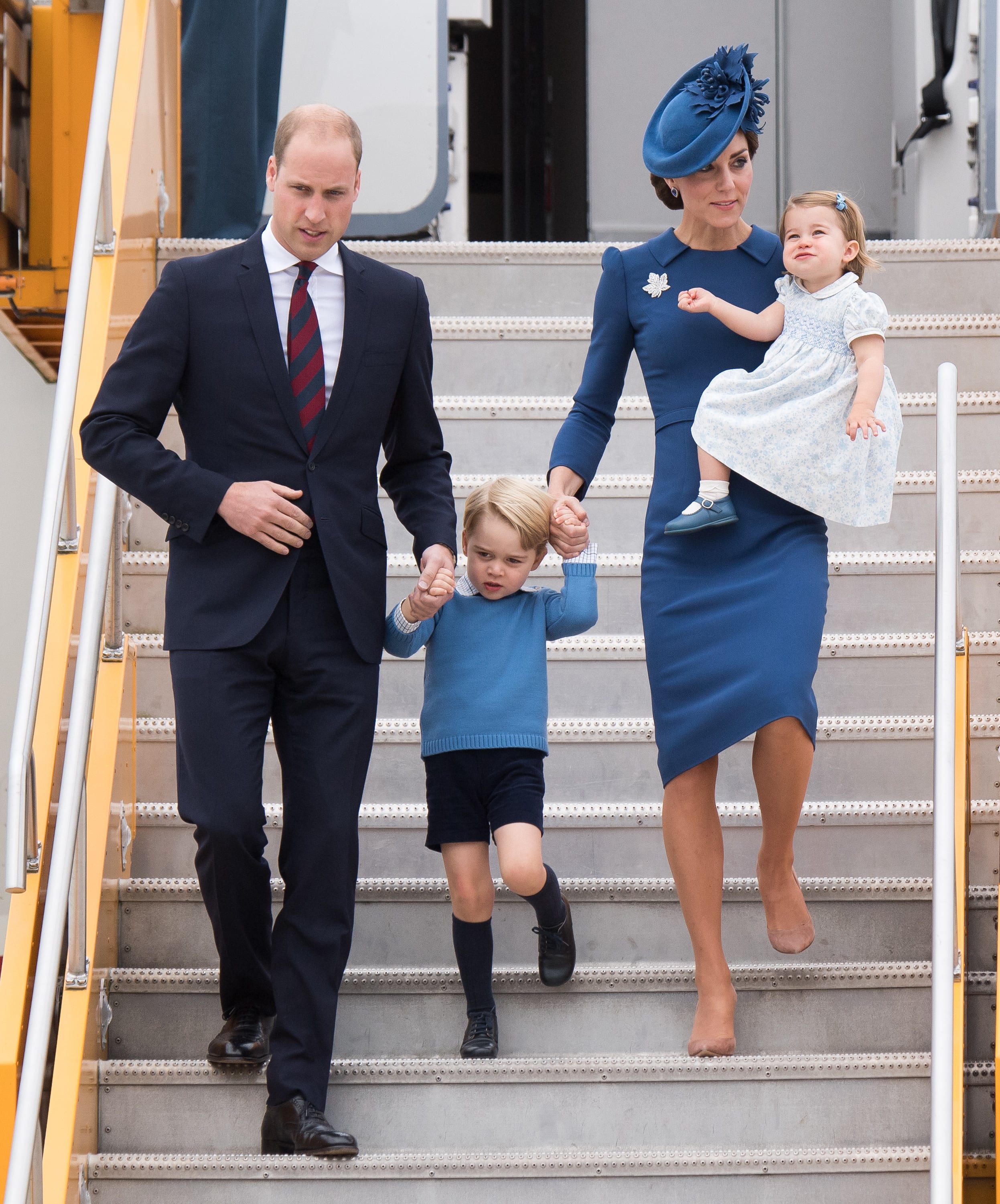 2016: Prince William, Duke of Cambridge, Catherine, Duchess of Cambridge, Prince George of Cambridge and Princess Charlotte of Cambridge arrive at Victoria airport for the start of of their Royal tour of Canada on September 24, 2016, in Victoria, Canada.