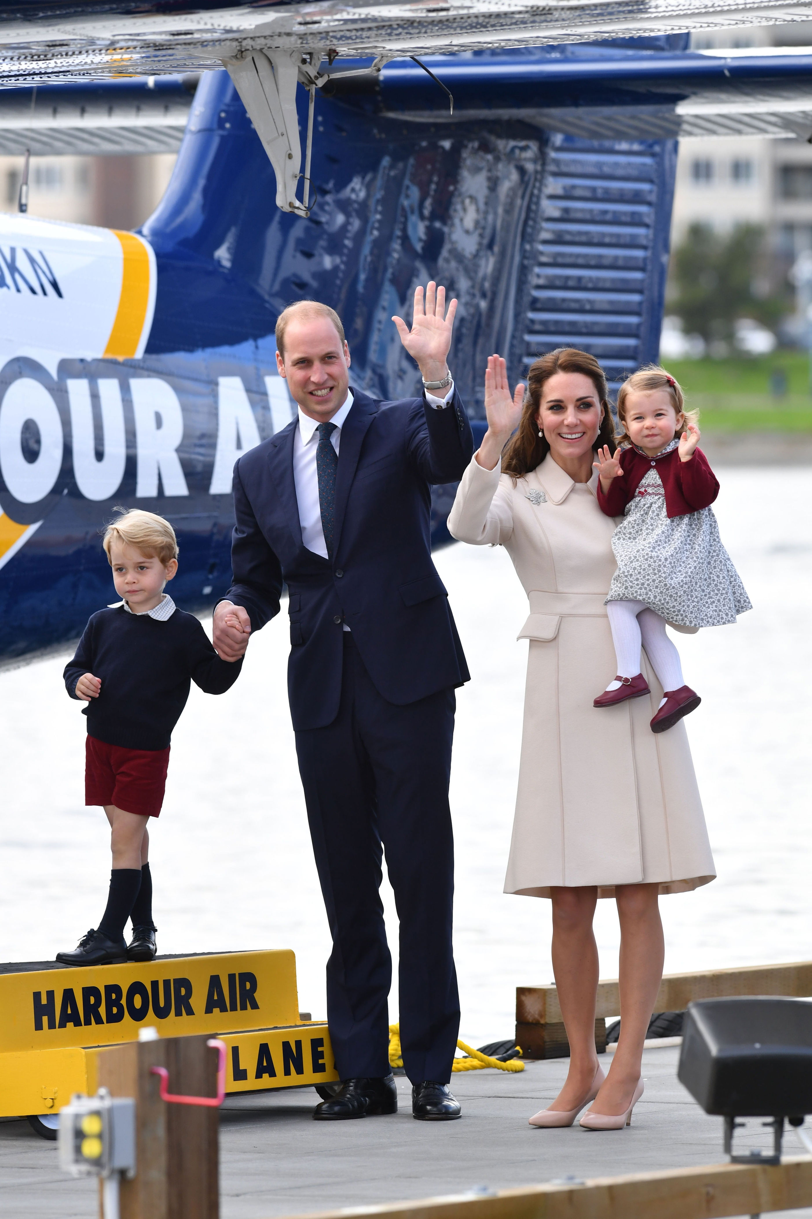 2016: Prince William, Duke of Cambridge, Prince George of Cambridge, Catherine, Duchess of Cambridge and Princess Charlotte leave from Victoria Harbour to board a sea-plane on the final day of their Royal Tour of Canada on October 1, 2016, in Victoria, Canada. The Royal couple along with their Children Prince George of Cambridge and Princess Charlotte are visiting Canada as part of an eight day visit to the country taking in areas such as Bella Bella, Whitehorse and Kelowna.