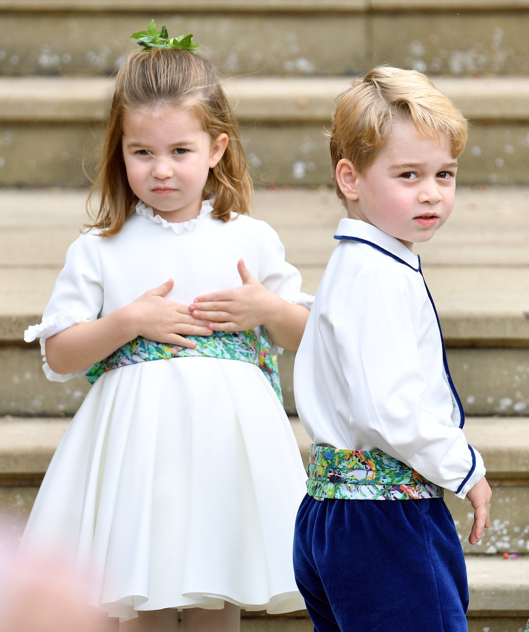 2018: Princess Charlotte of Cambridge and Prince George of Cambridge attend the wedding of Princess Eugenie of York and Jack Brooksbank at St George's Chapel on October 12, 2018, in Windsor, England.