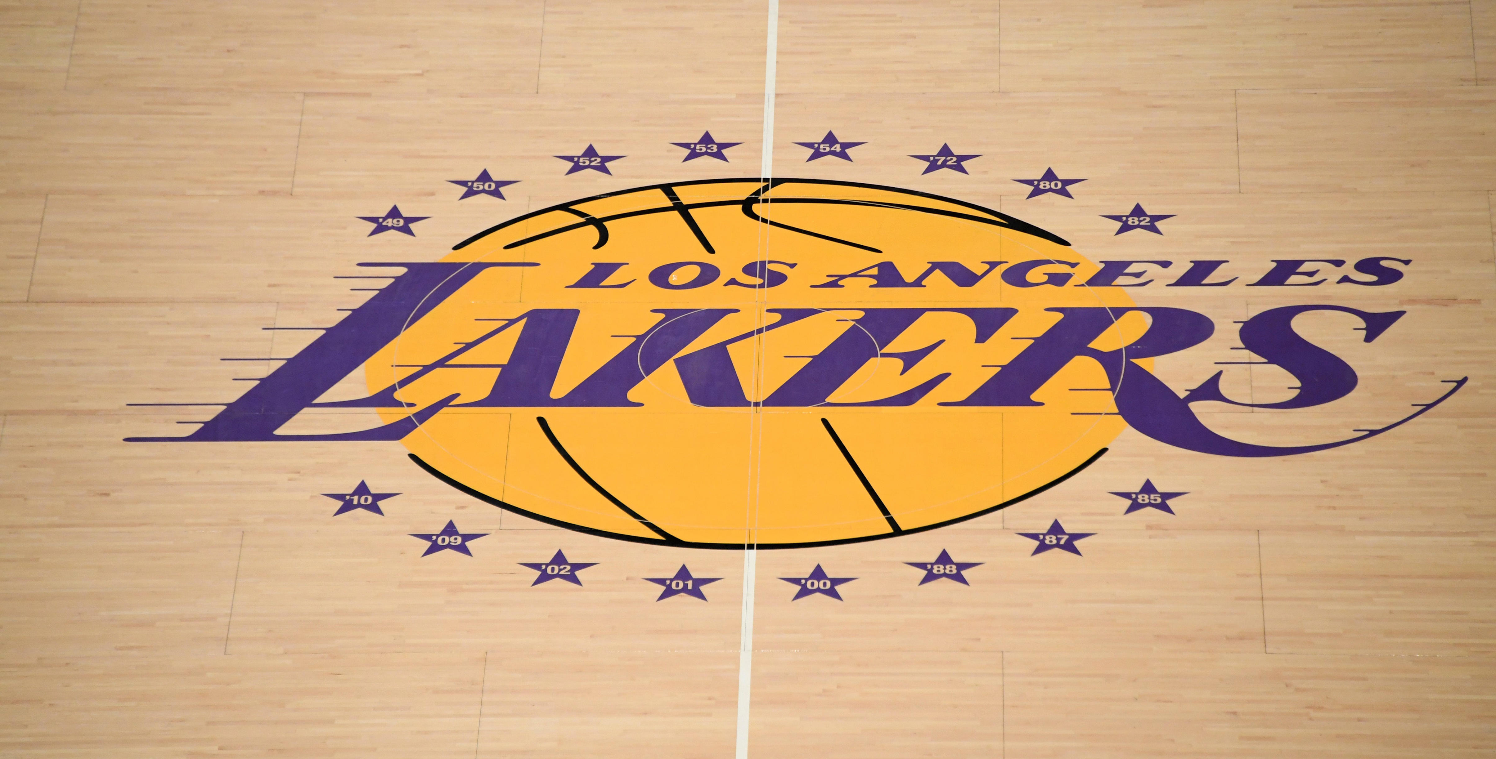 Mar 24, 2017; Los Angeles, CA, USA; General overall view of Los Angeles Lakers logo at midcourt during an NBA game against the Minnesota Timberwolves at Staples Center. Mandatory Credit: Kirby Lee-USA TODAY Sports