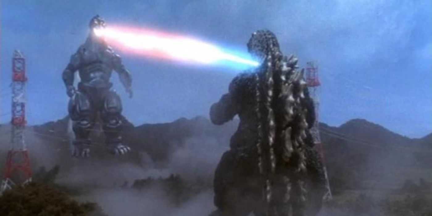 Kenpachiro Satsuma as Godzilla fights Wataru Fukuda as MechaGodzilla in Godzilla vs. Mechagodzilla 2.
