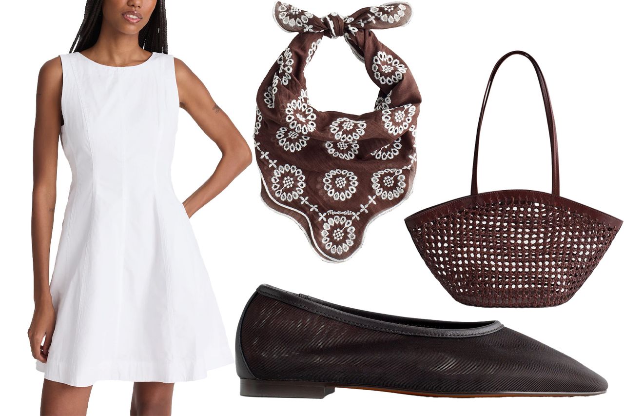 A collage of a white dress a patterned scarf a woven handbag and a pair of flat shoes