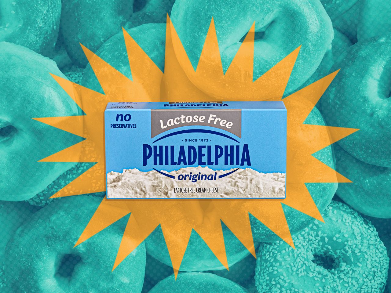 Box of Philadelphia Lactose Free Cream Cheese on an orange starburst over a photo of bagels with a teal overlay