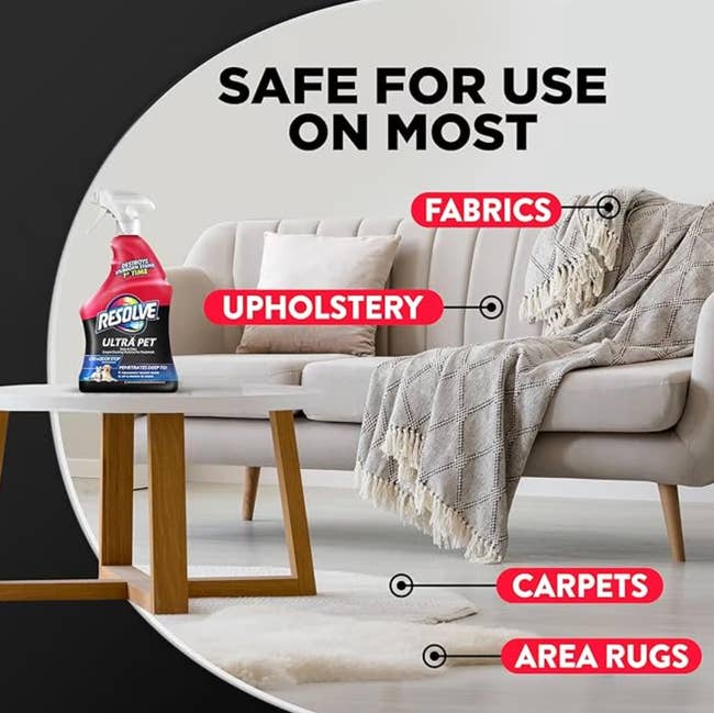 Bottle of Resolve Ultra Pet cleaner on a table in a living room; labeled safe for fabrics, upholstery, carpets, and area rugs