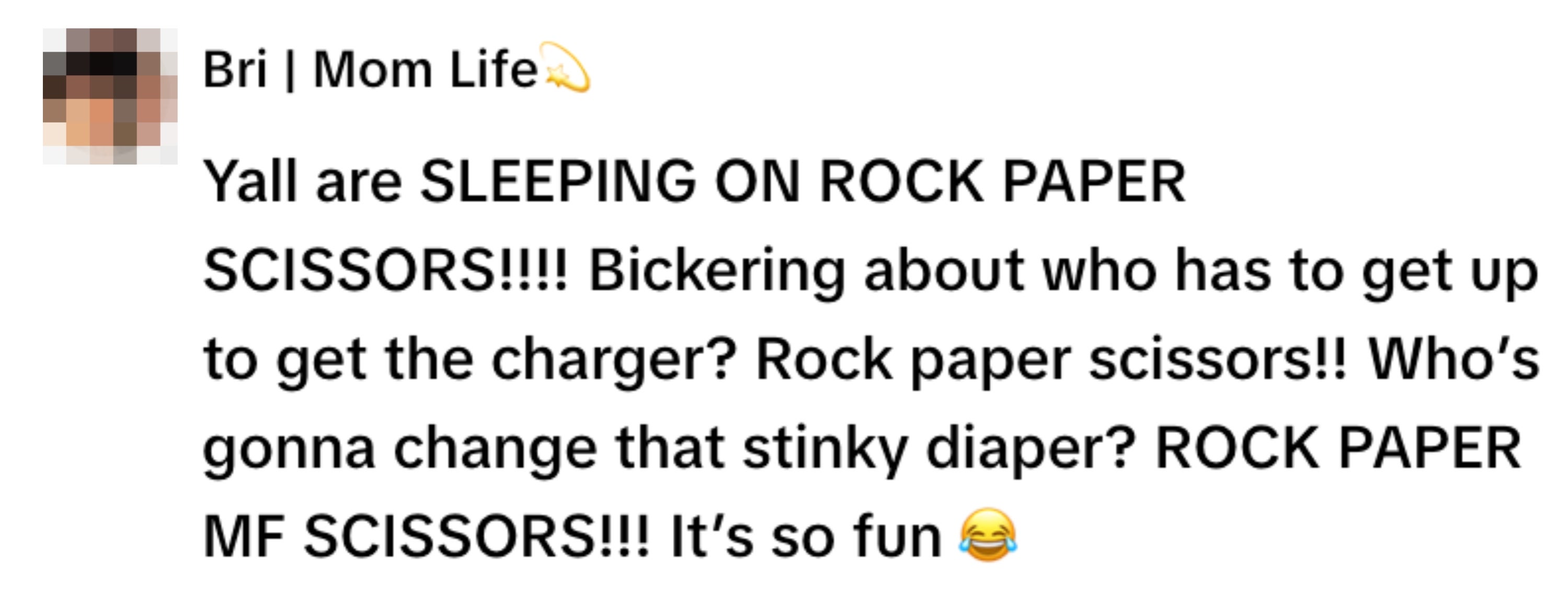 Text meme about using "Rock Paper Scissors" to decide who does chores, highlighting its fun and humor with emojis