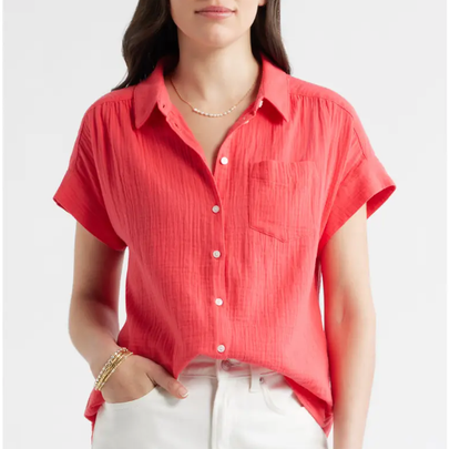 A breezy, short sleeved button-down for women