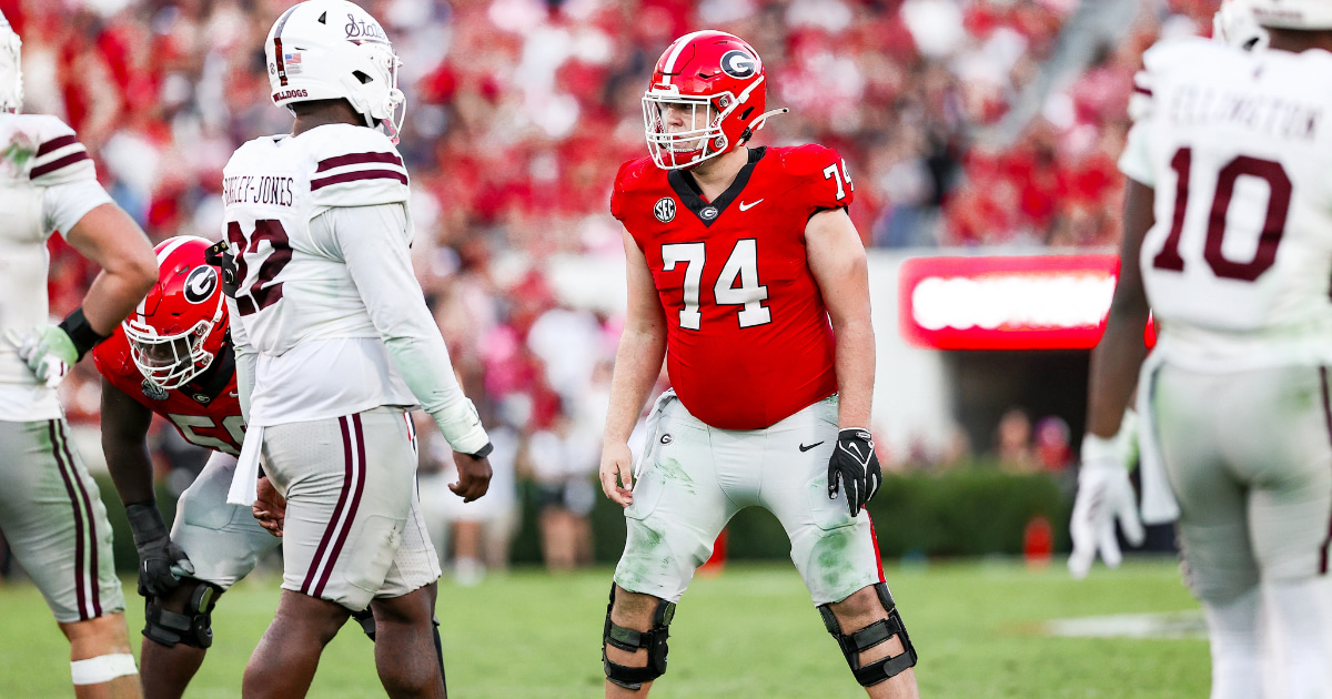 Georgia offensive lineman Drew Bobo (74) during Georgia’s game against Mississippi State on Dooley Field at Sanford Stadium in Athens, Ga., on Saturday, Oct. 12, 2024. (Tony Walsh/UGAAA)