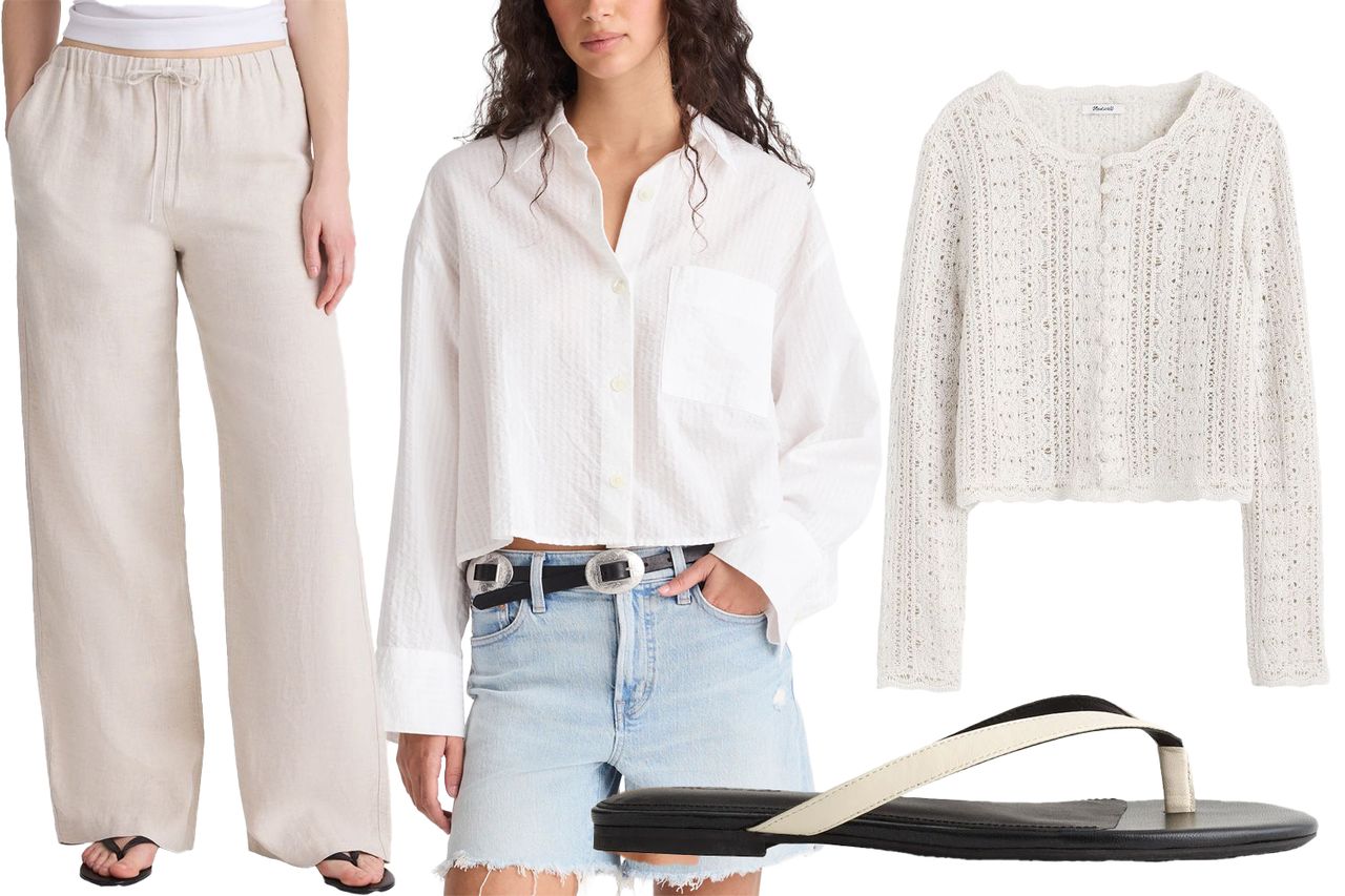 A collage featuring a pair of linen pants a person wearing a white shirt and denim shorts a knitted sweater and a pair of sandals