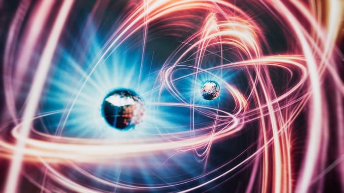 Atomic nucleus with orbiting electrons.