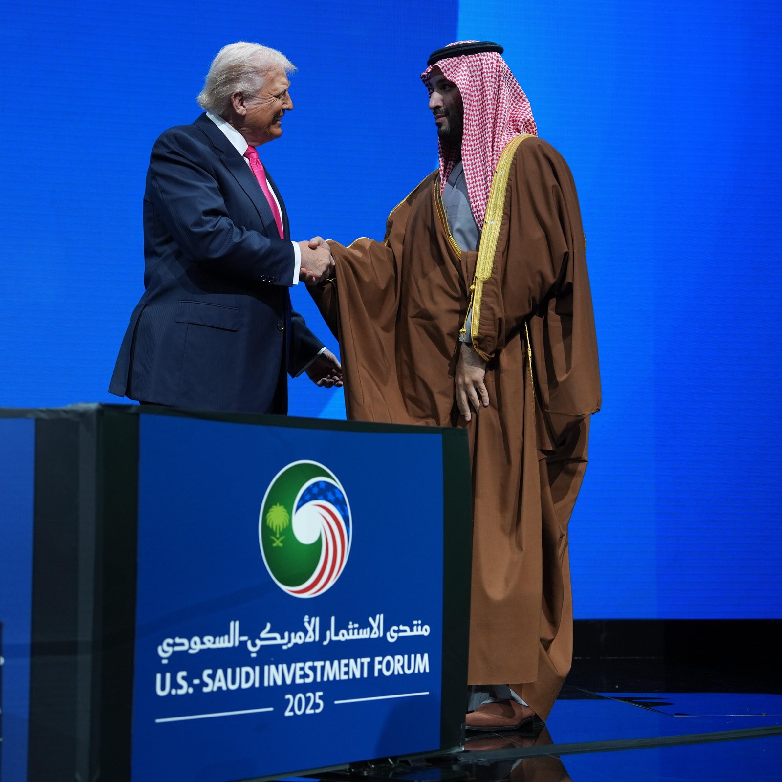 President Donald Trump speaks with Saudi Arabia's Crown Prince Mohammed bin Salman during the Saudi Investment Forum at the Kennedy Center, Wednesday, Nov. 19, 2025, in Washington.