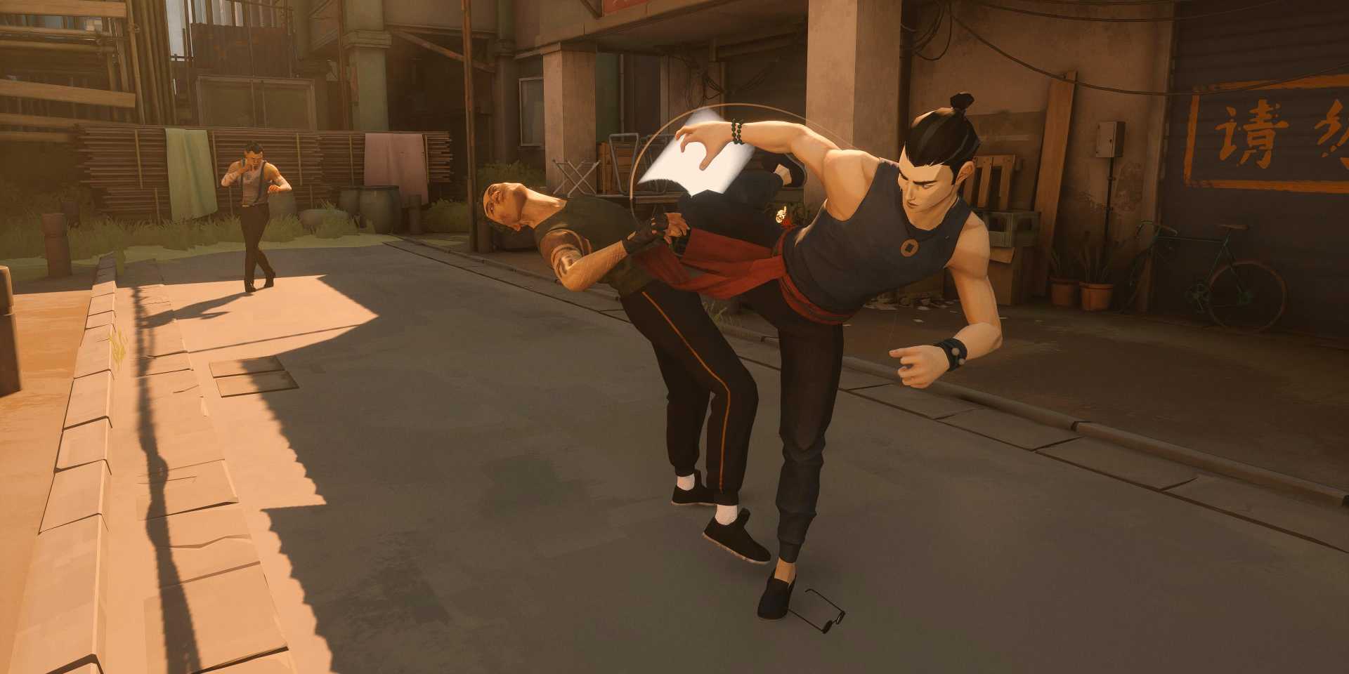 The player kicks an enemy while another enemy approaches in Sifu.