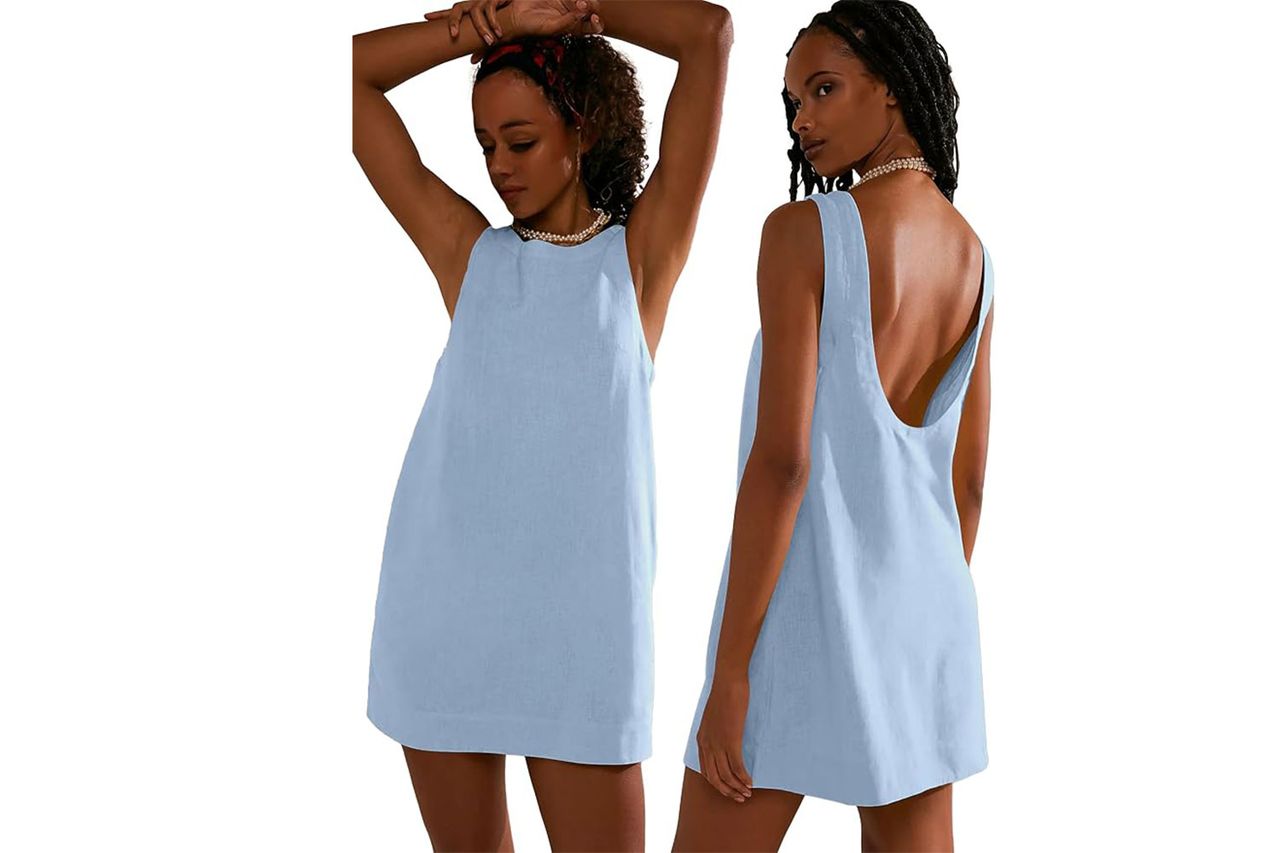 VIUTIL Womens Summer Linen Mini Dress Boat Neck Low Back Sleeveless Tank Dresses with Pockets 2026 Vacation Outfits