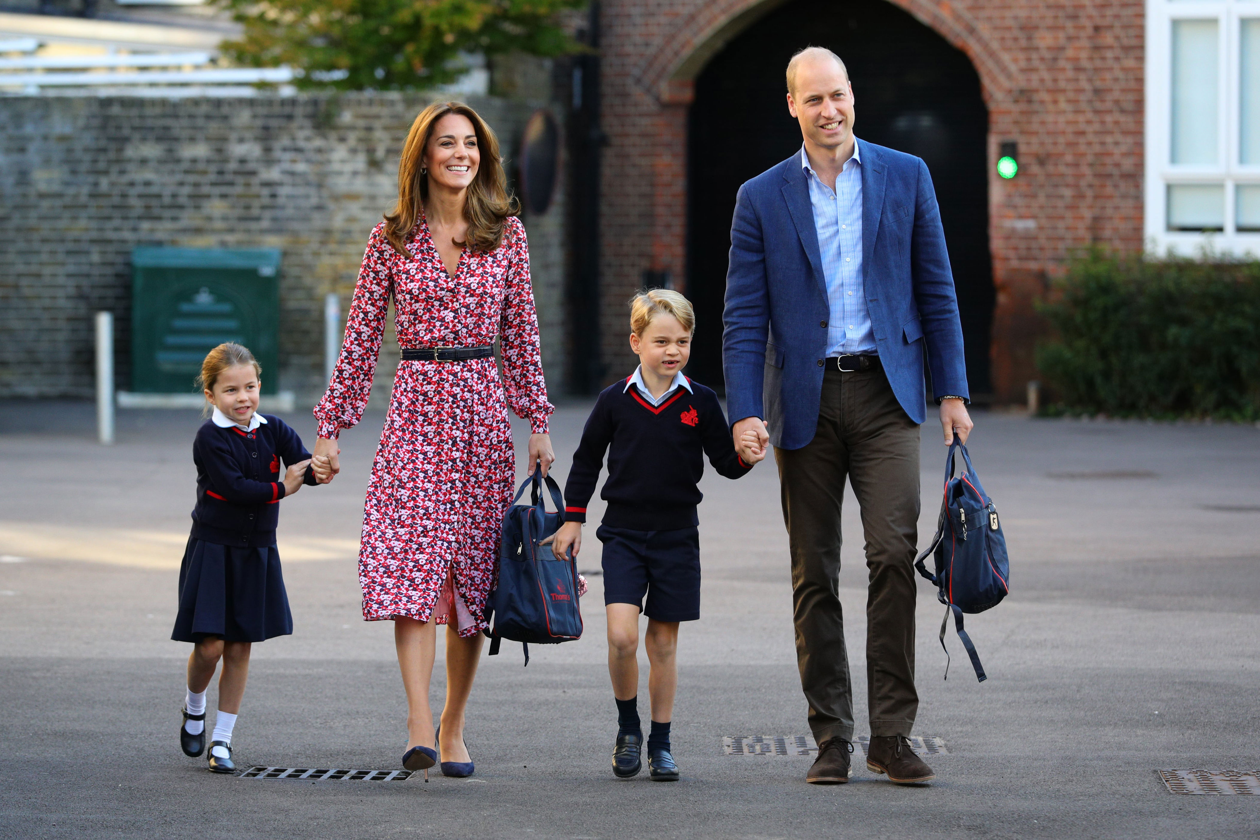 2019: Princess Charlotte arrives for her first day of school, with her brother Prince George and her parents the Duke and Duchess of Cambridge, at Thomas's Battersea in London on September 5, 2019, in London, England.
