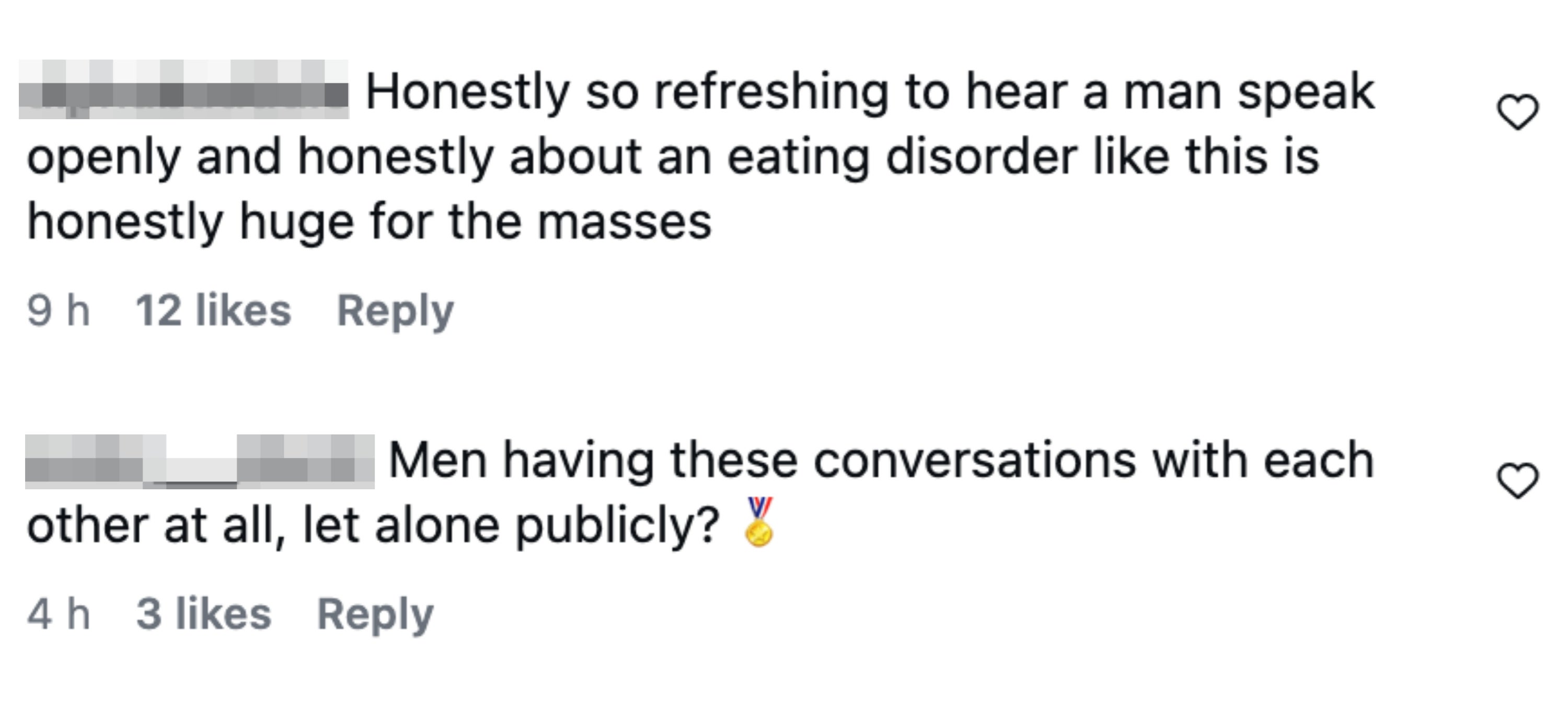 Comments praising open discussions on men's eating disorders and the importance of men having these conversations publicly